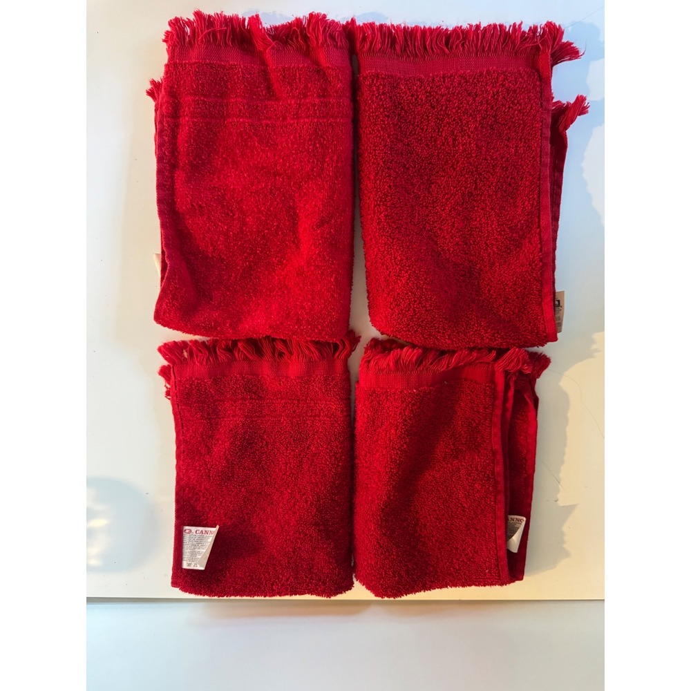Set of 4 Vintage Cannon Red Cotton Hand Towels Fringed Made in USA Solid Terry